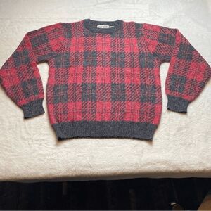 Vintage Castle Rock Plaid Sweater Mens M Red Gray Crew Neck Made Korea